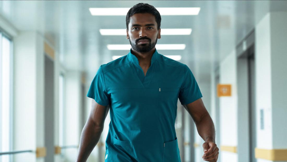 A confident doctor wearing breathable, sweat-free Med-Armour scrubs walking down a bright hospital corridor.