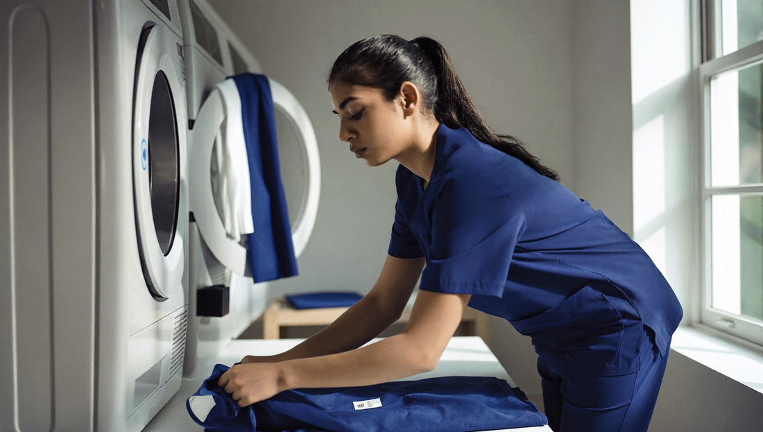 A healthcare professional neatly folding freshly washed, crisp MedArmour medical scrubs in a modern laundry room.