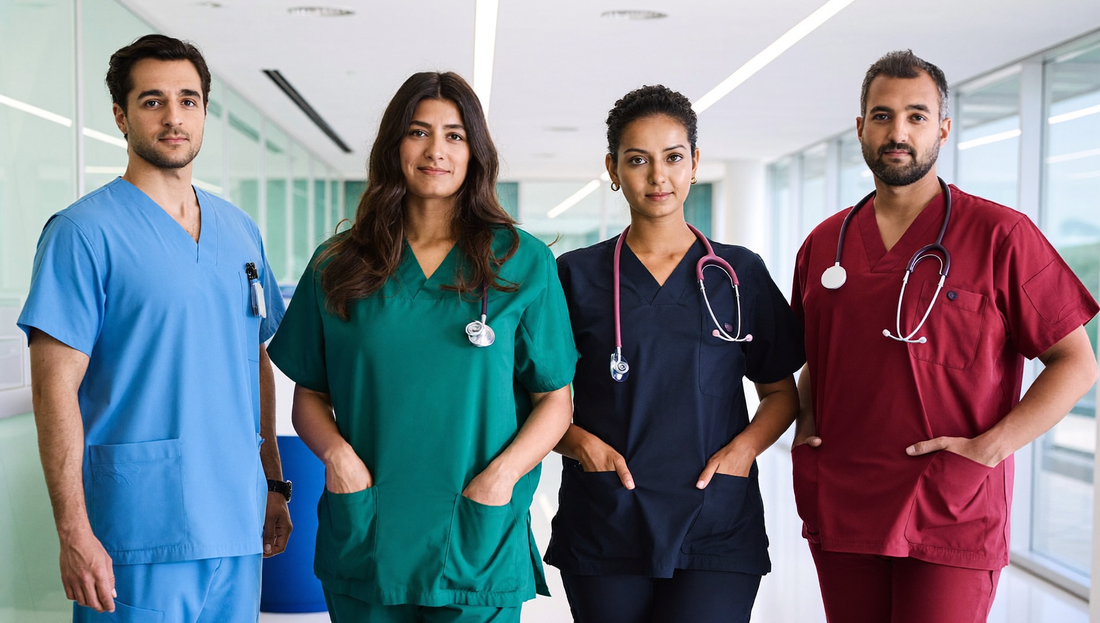 A group of healthcare workers wearing different colored medical scrubs including ceil blue, surgical green, and navy.