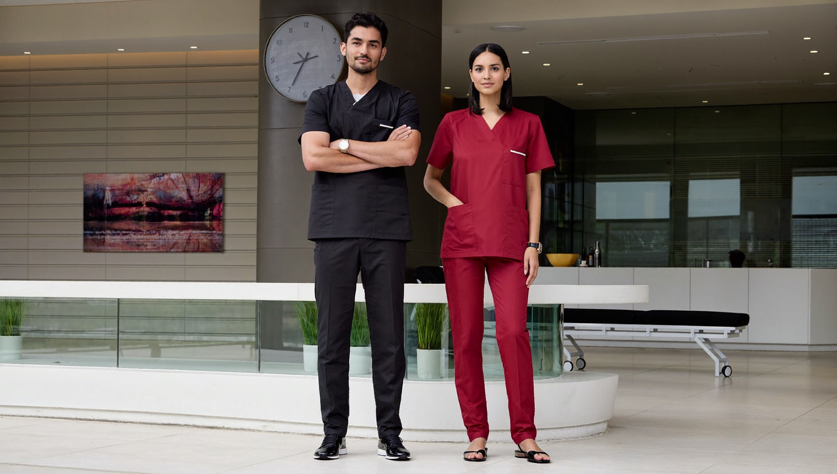 Two confident medical professionals looking sharp and well-styled in tailored Med-Armour scrubs.